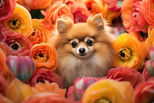 A small dog sitting peacefully in a bed of colorful flowers. This image can be used to portray relaxation, joy, and the beauty of nature.