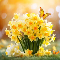 Bouquet of daffodils and butterfly on green background