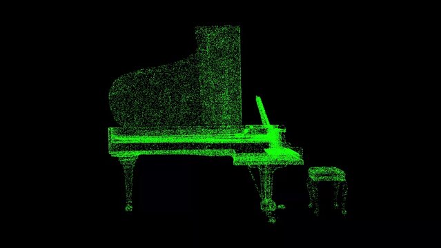 3D Piano on black background. Musical instrument concept. Learning to play the piano. Business advertising backdrop. For title, text, presentation. 3d animation.