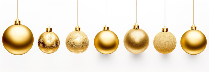 banner. Golden christmas balls isolated on white background