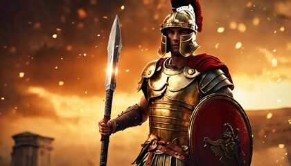 Roman male legionary (legionaries) wear helmet with crest,  long spear and  scutum shield, heavy infantryman, realistic soldier of the army of the Roman Empire, on Rome background. Generative ai - obrazy, fototapety, plakaty