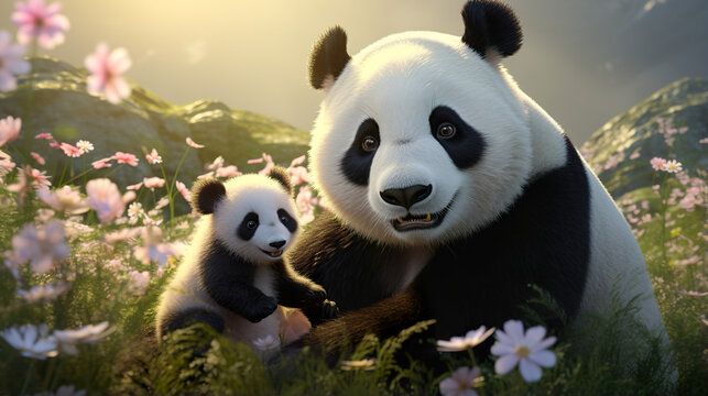 A lovely scene of a panda and its adorable cub joyfully together in a Chinese park, depicted in a realistic digital illustration