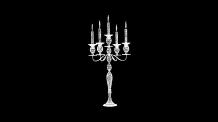 3D candle holder on black background. History and art concept. Candelabra with candles. Business advertising backdrop. For title, text, presentation. 3d animation.