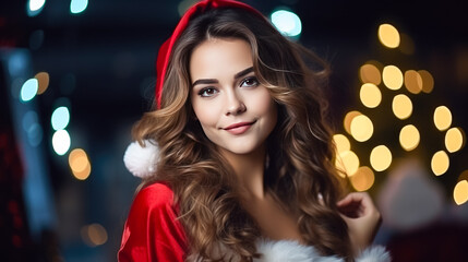 beautiful sexy young woman in santa claus clothes over christmas lights background