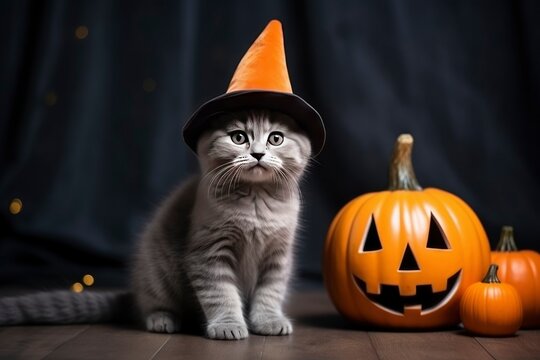 beautiful little scottish tabby cat with halloween hat