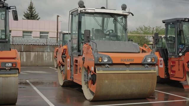 Moscow, 23 August 2020 : Special road equipment in the parking lot. Special equipment for road repair is in a row in a special parking lot