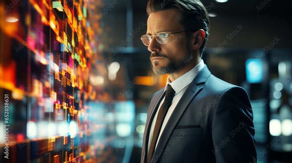 Aufkleber a man and holograms with graphs and statistics. concept: politician and economic figure developing a