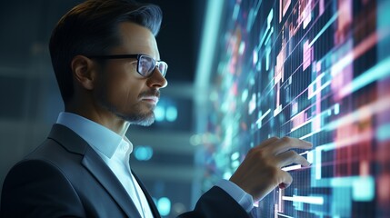 A man and holograms with graphs and statistics. Concept: politician and economic figure developing a strategy. Future technologies for displaying information
