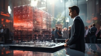 A man and holograms with graphs and statistics. Concept: politician and economic figure developing a strategy. Future technologies for displaying information
