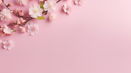 Fototapeta na wymiar A floral banner on a light pink backdrop, ideal for wedding, Mother's Day, or Women's Day greetings, featuring a springtime theme with copy space for text in a flat lay style
