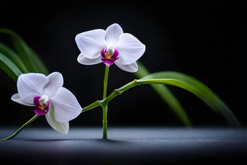 Two orchids with a bamboo grove on a black background