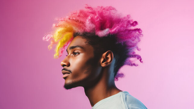 Black Young Man with Multicolored Afro Hair in Profile: LGBTQ+ Community Pride
