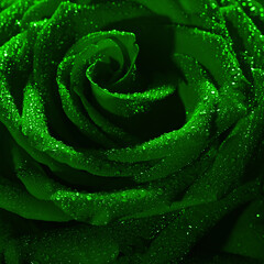 Blooming green rose bud in water drops close-up on a black background