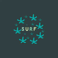 Surfing with starfish shape travel sports text with starfish t shirt logo vector design