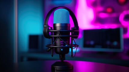 A detailed view of a microphone and headphones on a black stand, illuminated by neon LED lights in cyan and magenta, within a sound recording studio, suitable for podcasting, streaming, or ASMR sound  - obrazy, fototapety, plakaty