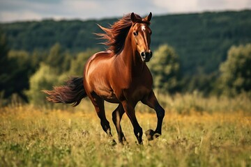 The bay horse gallops on the grass
