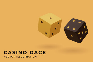 Casino dices isolated on yellow background. Vector realistic 3d illustration. Casino or gambling concept. Game sign. Shiny two cubes.