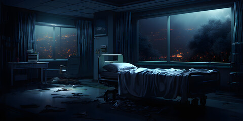 Hospital ward at night. Destruction outside the window.