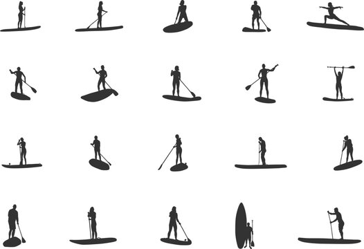 Paddleboarding silhouettes, Woman paddleboard silhouette, Paddleboard silhouette, Standup paddleboarding, Paddleboard svg, Paddleboard vector, Paddle surfers V01