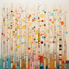 Abstract colorful geometric illustration of birch trees, birch tree forest, square aspect ratio. Generative AI.
