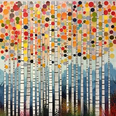 Abstract colorful geometric illustration of birch trees, birch tree forest, square aspect ratio. Generative AI.
