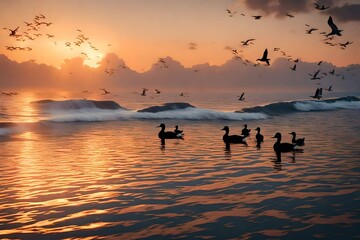 Ducks migrating during sunset over the ocean