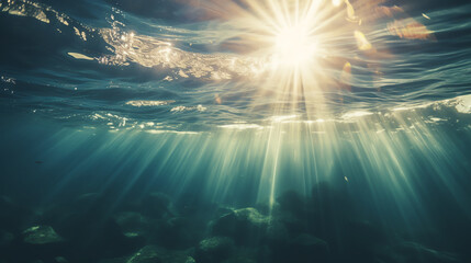 Fototapeta na wymiar The sun shining through clear blue water