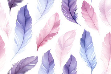 A vibrant arrangement of purple and pink feathers on a clean white background