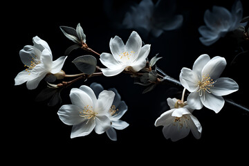 Fototapeta na wymiar A beautiful arrangement of white flowers on a contrasting black background