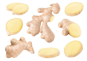 Collection of raw ginger root pieces cutout