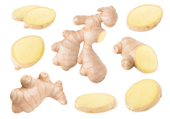 Collection of raw ginger root pieces cutout