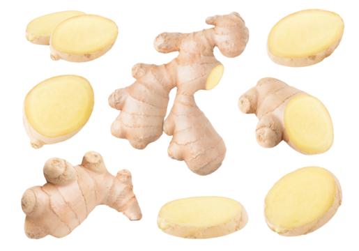 Collection of raw ginger root pieces cutout