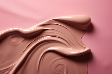 Beige liquid foundation makeup spilling on a pink background.