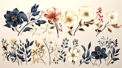 Luxurious flowers and leaves. Trendy botanical elements.