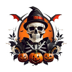 Scarecrow with witch hat and pumpkins, logo, Happy Halloween, Generative AI