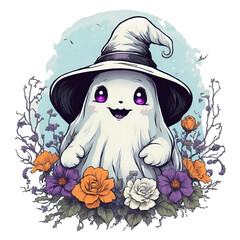 Cute ghost wearing witch hat surrounded by flowers, Happy Halloween, Generative AI