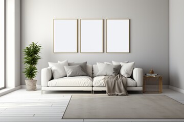 Minimalistic white trendy living-room design with blank paintings. AI generated