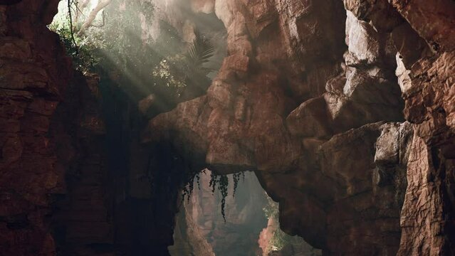 A mysterious cave illuminated by a beam of light