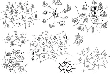 hand drawn architectural sketches of artificial intelligence topics and robots and network strucures and ai in architecture and traffic