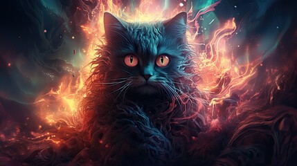 Psyhedelic art style angry kitten in flames and nebulas  - obrazy, fototapety, plakaty