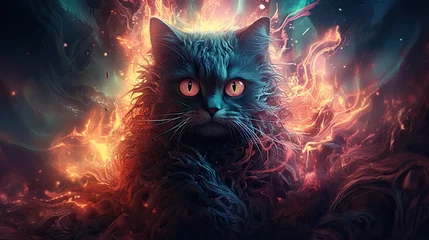 Fotobehang Psyhedelic art style angry kitten in flames and nebulas  © Photo And Art Panda