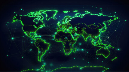 Futuristic Light Green Color Border and Black Holographic Map of Countries in Orbit