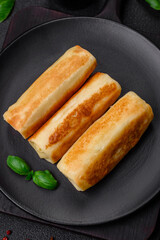 Delicious fresh homemade fried pancakes with broccoli and meat or fish