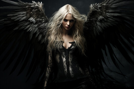 Generative ai collage photo of frightening scary fallen angel with black wings