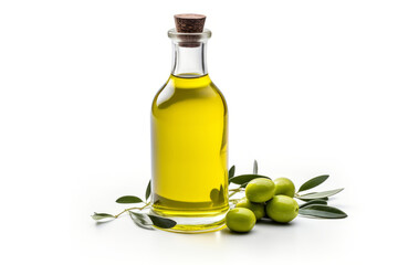 Glass bottle with olive oil plugged with wooden cork with elements of green olives and green leaves isolated on white background.generative ai
