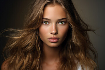 Fototapeta premium Generative Ai portrait of young pretty woman natural beauty brown volume hairstyle on background