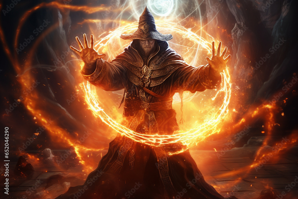 Canvas Prints generative ai collage picture of medieval wizard using dark magic fire spell
