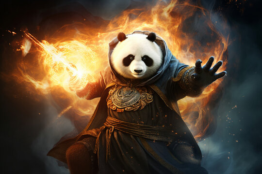 Generative ai collage photo of powerful panda wizard using dark magic