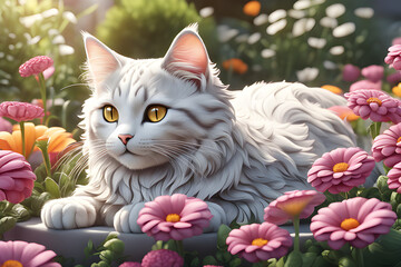 Cat in the flower garden.Generative AI