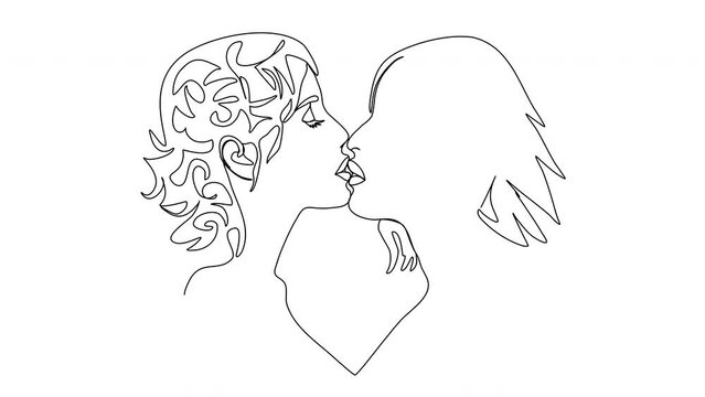 Continuous line two girls kiss line art animation. One line art.